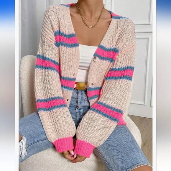 COLORBLOCK V Neck Button Down Stripe Knit Cardigan Sweater Outerwear EUC - Picture 3 of 14